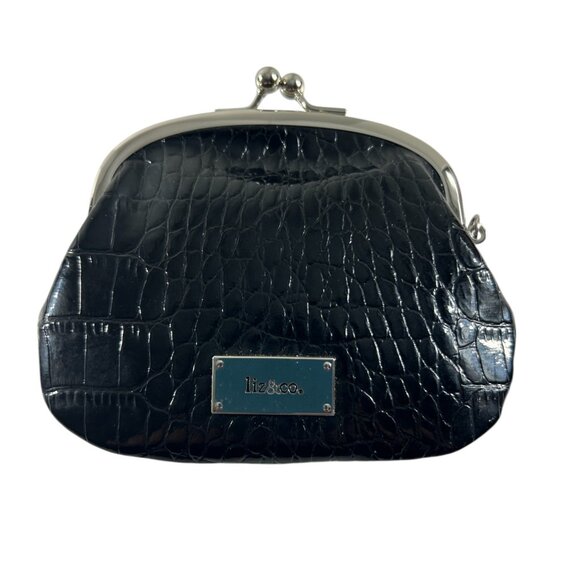Liz & Co Black Faux Croc Embossed Coin Purse Wallet Kiss Lock Clasp Small Change - Picture 2 of 6